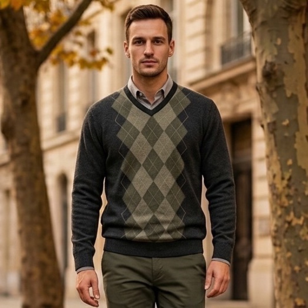 Banana Republic Mens Argyle V-Neck Sweater Extra Fine Italian Merino Wool Large